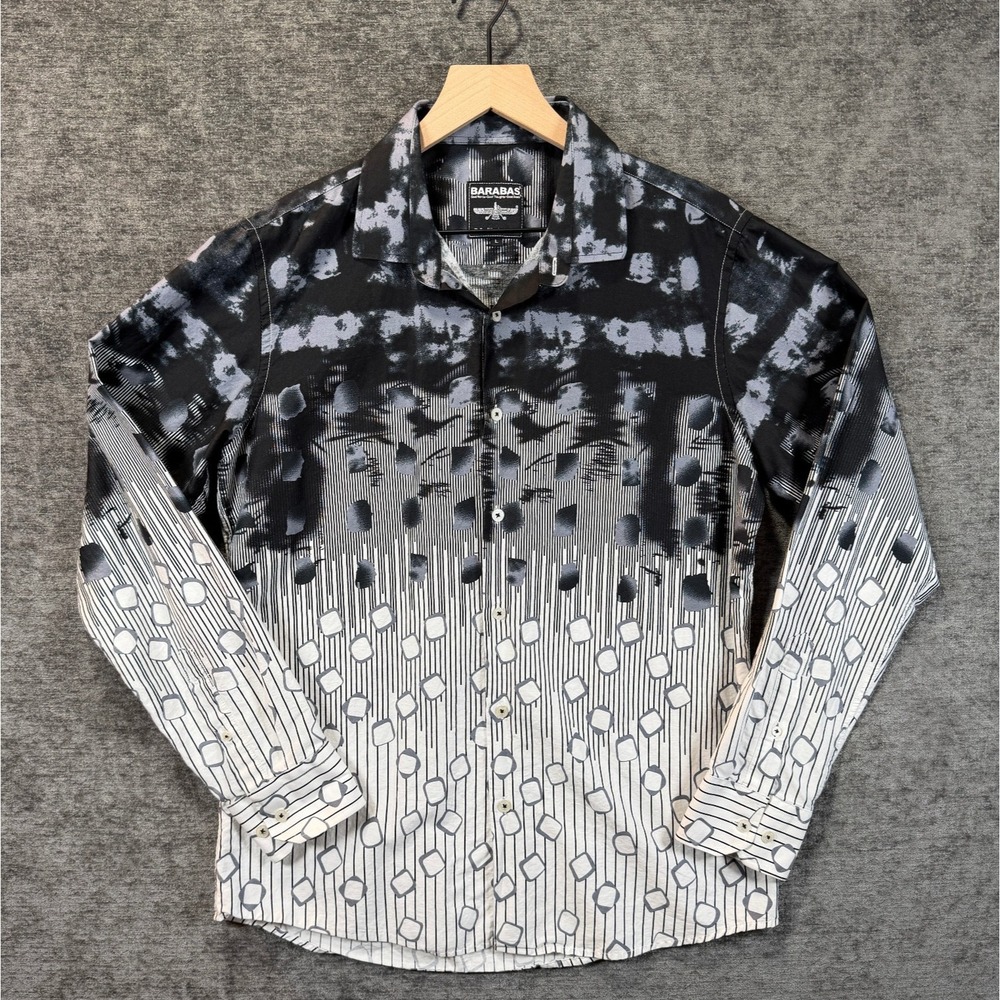 Barabas Shirt L Mens Slim Fit Abstract Geometric Long Sleeve Cotton Black White